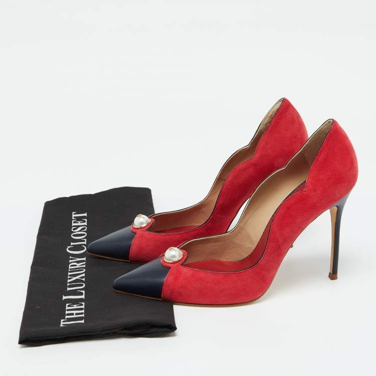 Pre Owned CH Carolina Herrera Red/Black Suede and Leather Pearl Pointed Toe Pumps Size 40