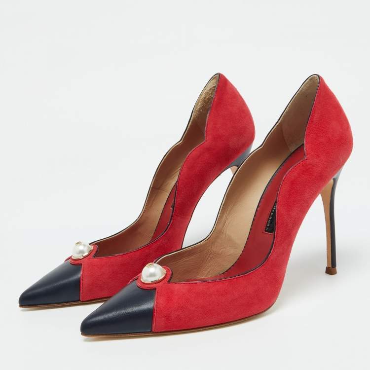 Pre Owned CH Carolina Herrera Red/Black Suede and Leather Pearl Pointed Toe Pumps Size 40