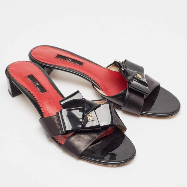 Pre Owned CH Carolina Herrera Black Leather Crisscross Slide Sandals Size 40