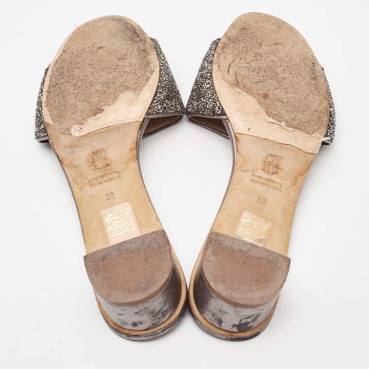 Pre Owned CH Carolina Herrera Grey Leather Crystal Embellished Logo Slide Sandals Size 38
