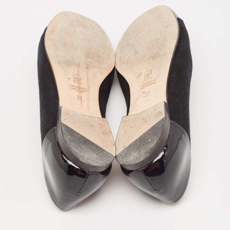 Pre Owned CH Carolina Herrera Black Patent Leather and Suede Ballet Flats Size 37
