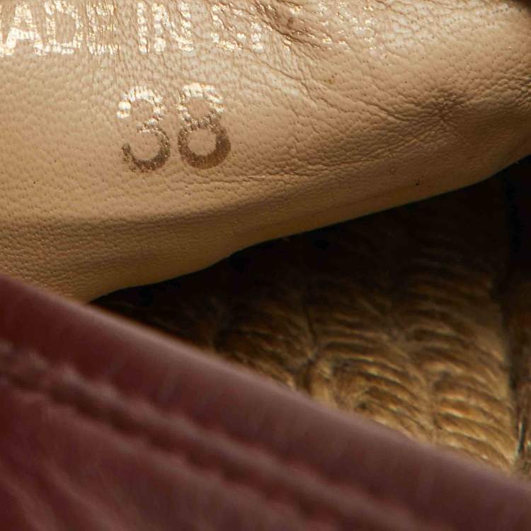 Pre Owned CH Carolina Herrera Burgundy Leather Initials Insignia Espadrille Flats Size 38