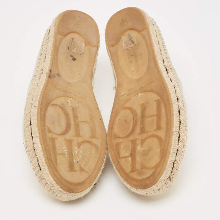 Pre Owned CH Carolina Herrera Gold Leather Slip On Espadrille Flats Size 38