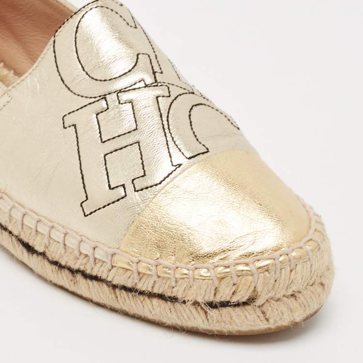 Pre Owned CH Carolina Herrera Gold Leather Slip On Espadrille Flats Size 38
