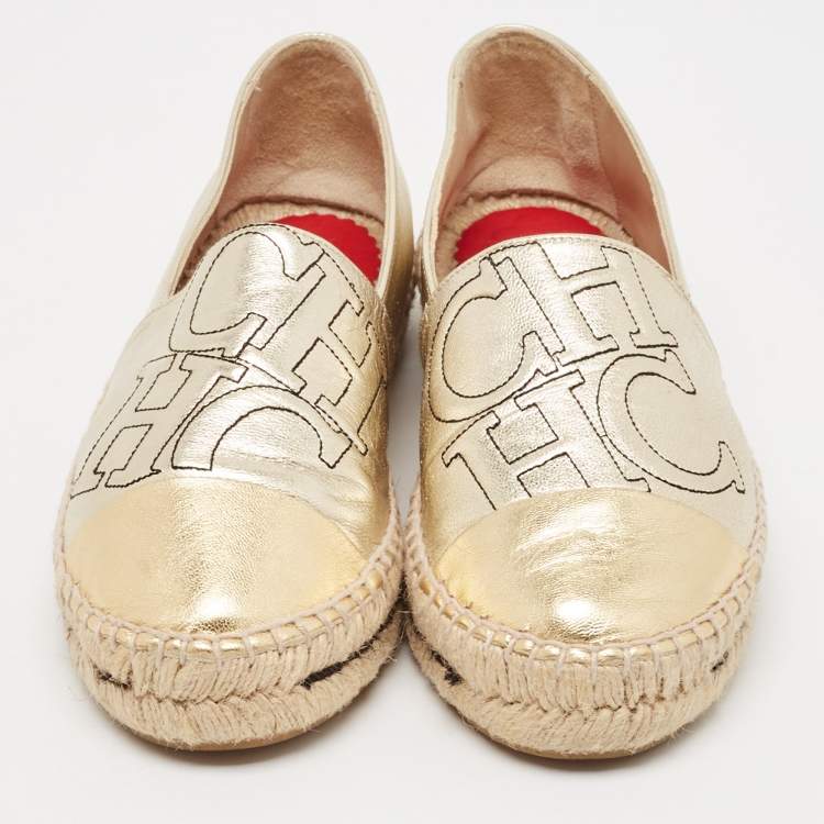 Pre Owned CH Carolina Herrera Gold Leather Slip On Espadrille Flats Size 38