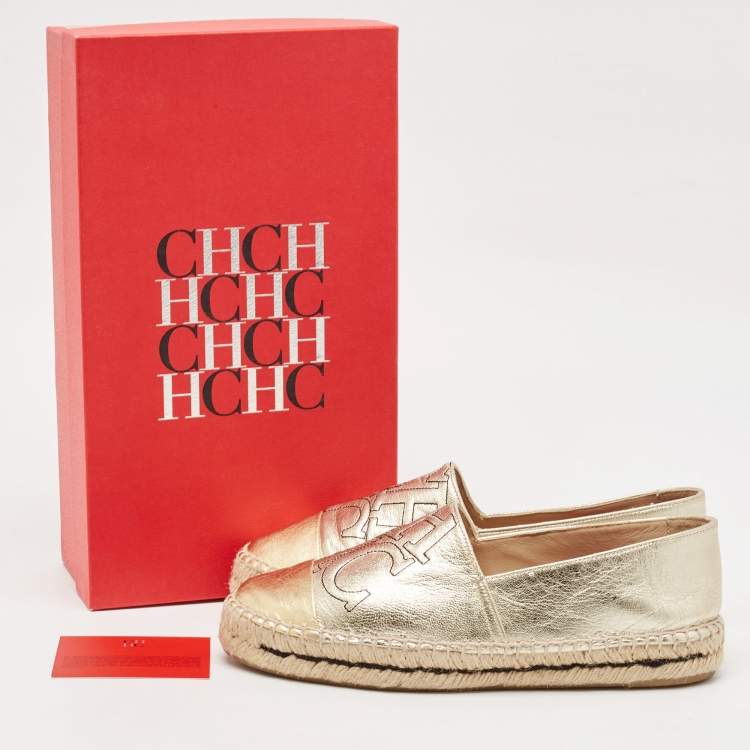 Pre Owned CH Carolina Herrera Gold Leather Slip On Espadrille Flats Size 38