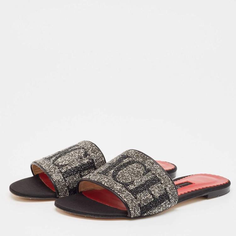 Pre Owned CH Carolina Herrera Black Leather Crystal Embellished Flat Slides Size 38