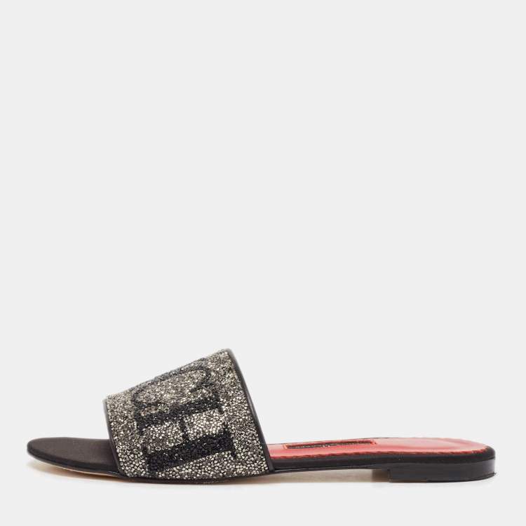 Pre Owned CH Carolina Herrera Black Leather Crystal Embellished Flat Slides Size 38