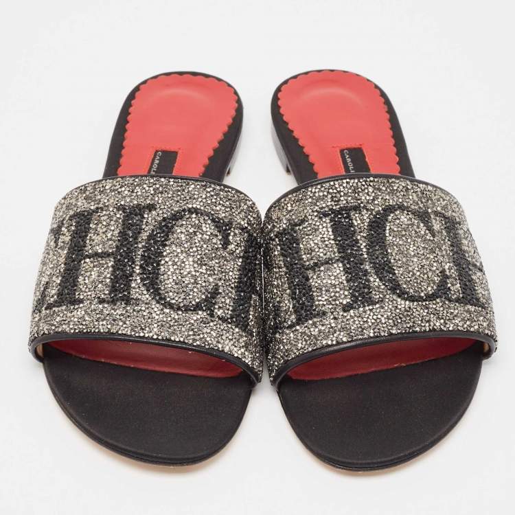 Pre Owned CH Carolina Herrera Black Leather Crystal Embellished Flat Slides Size 38