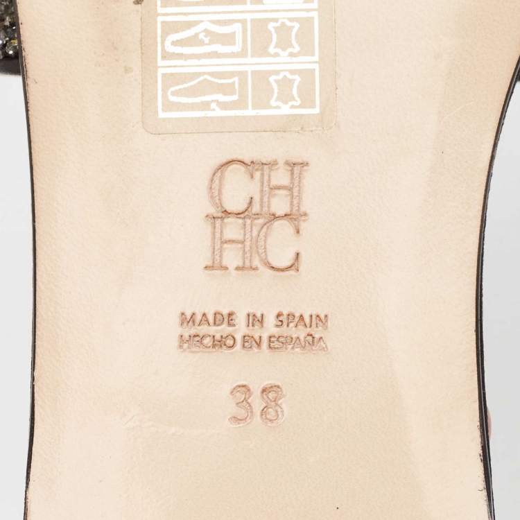 Pre Owned CH Carolina Herrera Black Leather Crystal Embellished Flat Slides Size 38