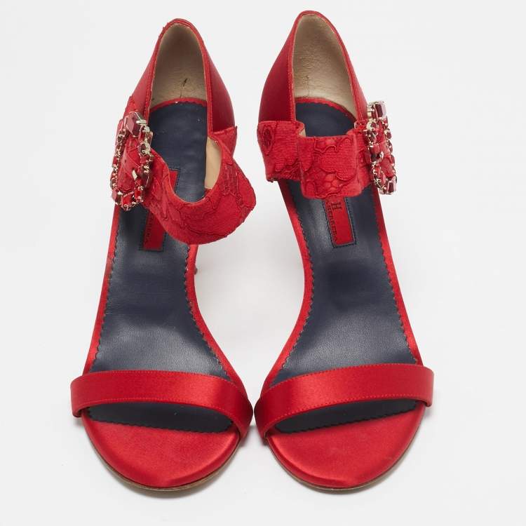 Pre Owned CH Carolina Herrera Red Satin Crystal Embellished Ankle Strap Sandals Size 39