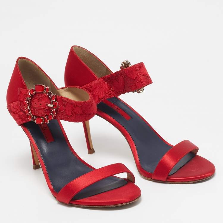 Pre Owned CH Carolina Herrera Red Satin Crystal Embellished Ankle Strap Sandals Size 39