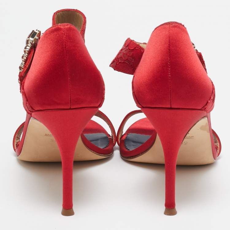 Pre Owned CH Carolina Herrera Red Satin Crystal Embellished Ankle Strap Sandals Size 39