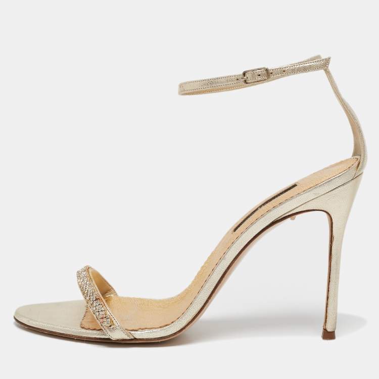 Pre Owned CH Carolina Herrera Gold Leather And Crystal Embellished Ankle Strap Sandals Size 39