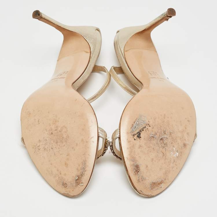 Pre Owned CH Carolina Herrera Gold Leather And Crystal Embellished Ankle Strap Sandals Size 39