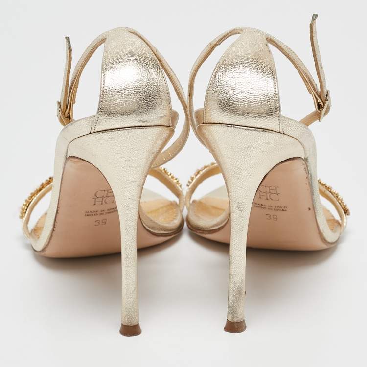 Pre Owned CH Carolina Herrera Gold Leather And Crystal Embellished Ankle Strap Sandals Size 39
