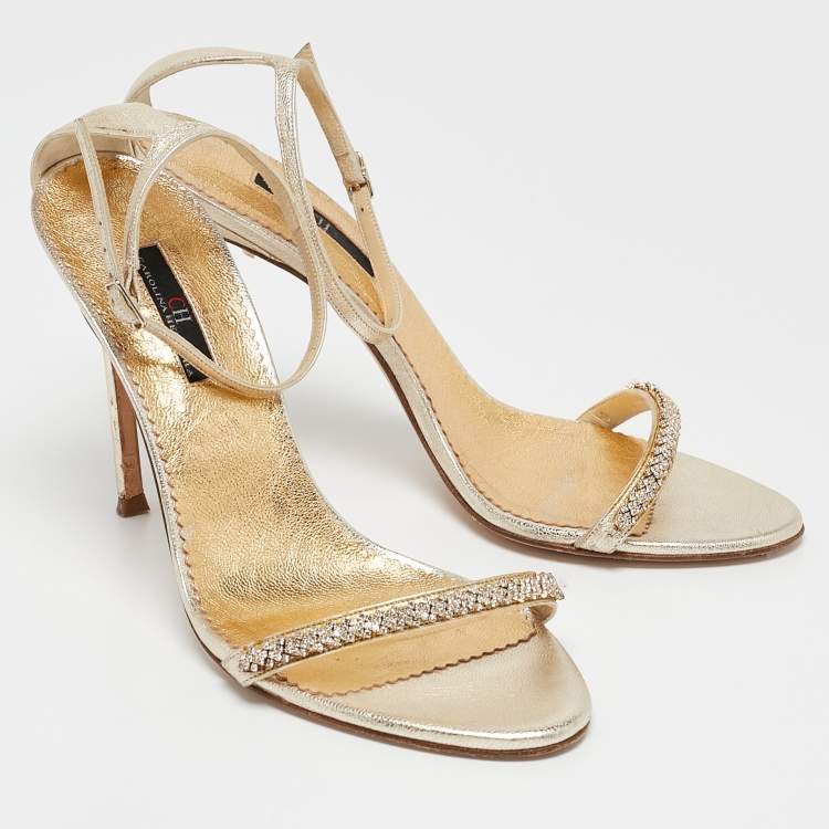 Pre Owned CH Carolina Herrera Gold Leather And Crystal Embellished Ankle Strap Sandals Size 39