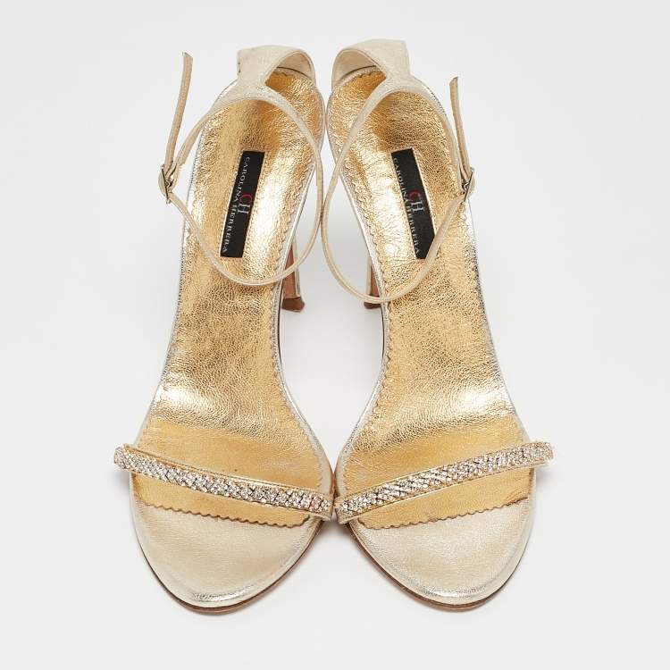 Pre Owned CH Carolina Herrera Gold Leather And Crystal Embellished Ankle Strap Sandals Size 39