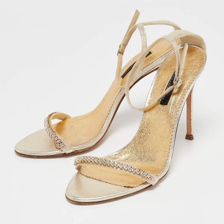 Pre Owned CH Carolina Herrera Gold Leather And Crystal Embellished Ankle Strap Sandals Size 39