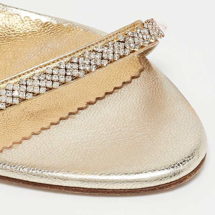 Pre Owned CH Carolina Herrera Gold Leather And Crystal Embellished Ankle Strap Sandals Size 39