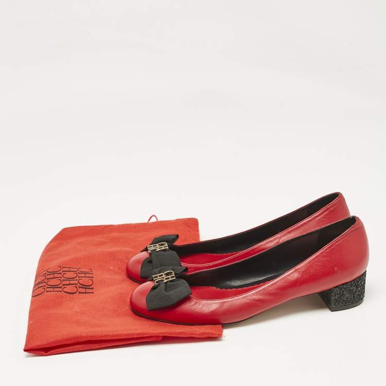 Pre Owned CH Carolina Herrera Red/Black Leather Bow  Flats Size 39