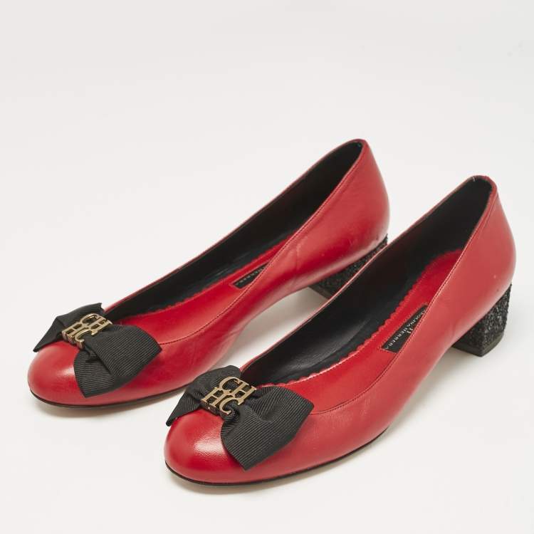 Pre Owned CH Carolina Herrera Red/Black Leather Bow  Flats Size 39