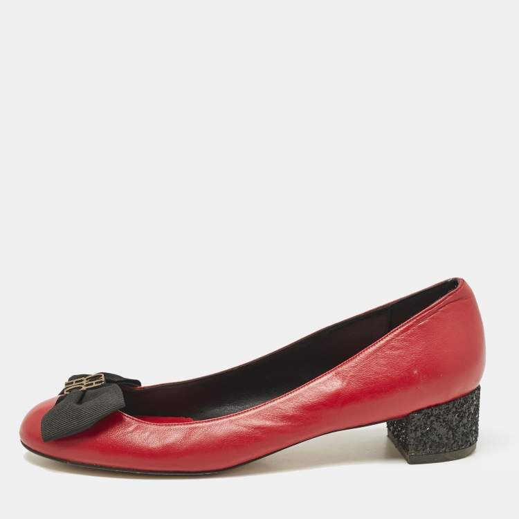 Pre Owned CH Carolina Herrera Red/Black Leather Bow  Flats Size 39