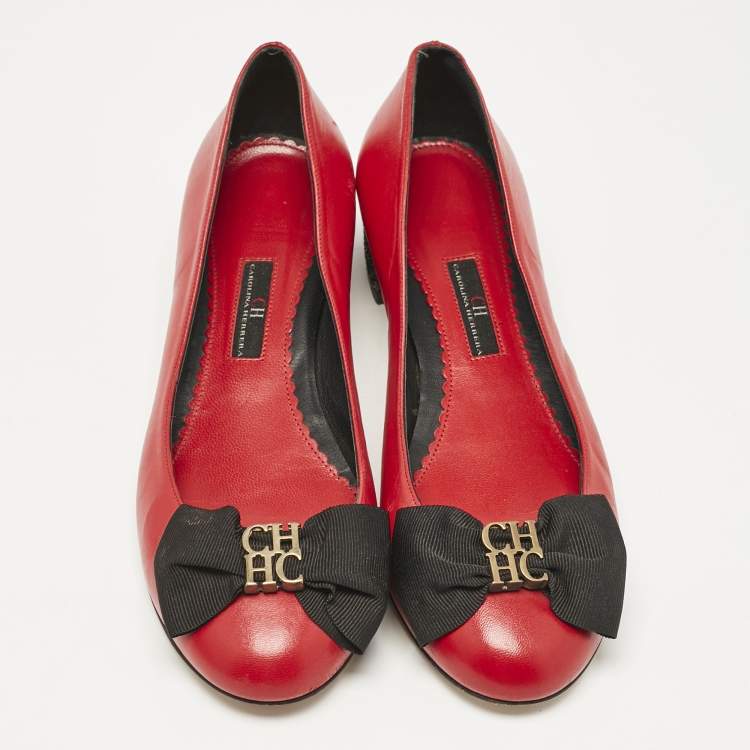 Pre Owned CH Carolina Herrera Red/Black Leather Bow  Flats Size 39
