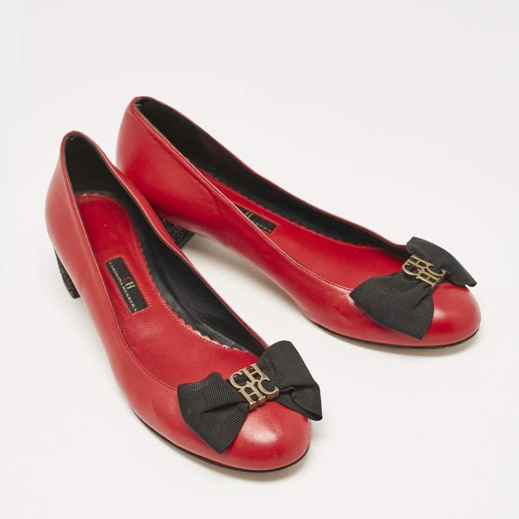 Pre Owned CH Carolina Herrera Red/Black Leather Bow  Flats Size 39