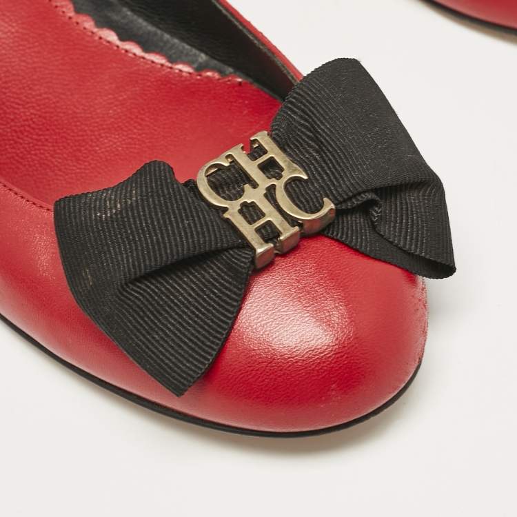 Pre Owned CH Carolina Herrera Red/Black Leather Bow  Flats Size 39