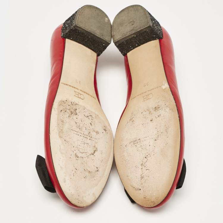 Pre Owned CH Carolina Herrera Red/Black Leather Bow  Flats Size 39