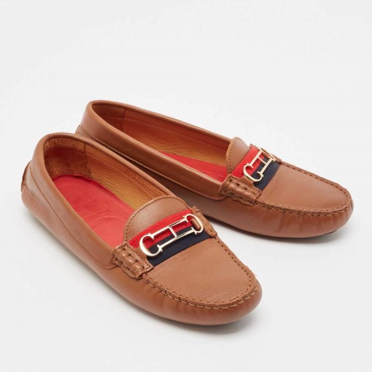 Pre Owned CH Carolina Herrera Brown Leather Logo Embellished Loafers Size 40