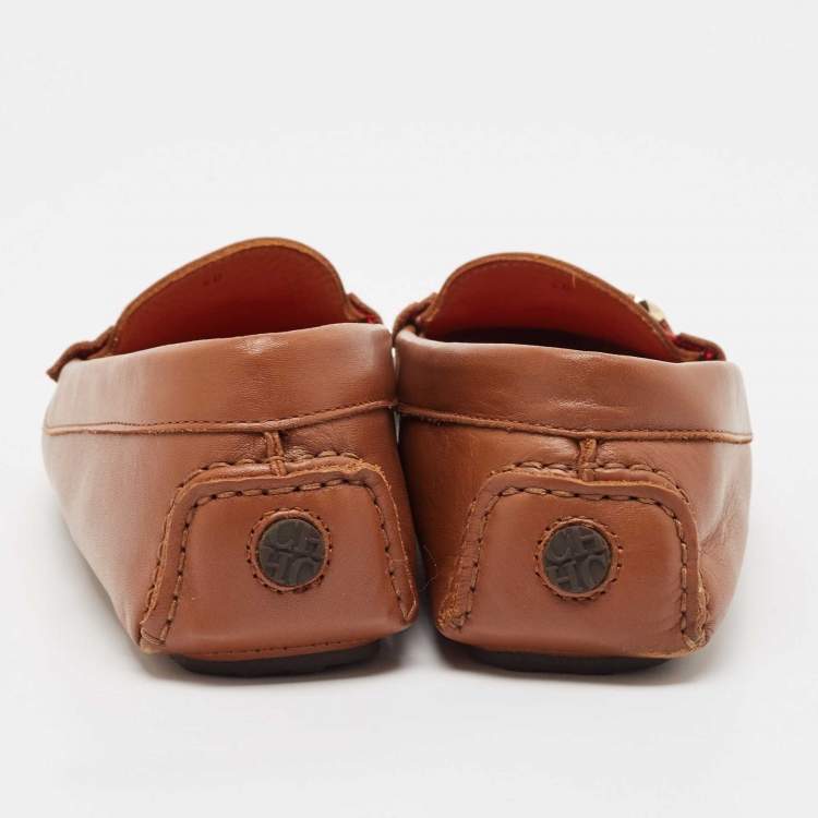 Pre Owned CH Carolina Herrera Brown Leather Logo Embellished Loafers Size 40