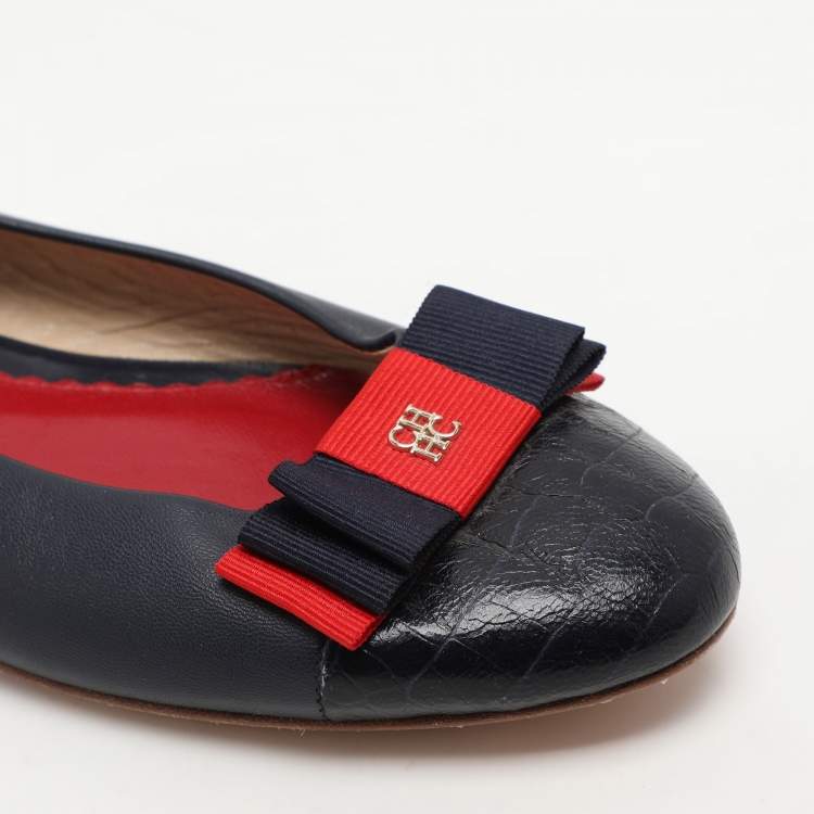 Pre Owned CH Carolina Herrera Navy Blue Croc Embossed and Leather Ballet Flats Size 39