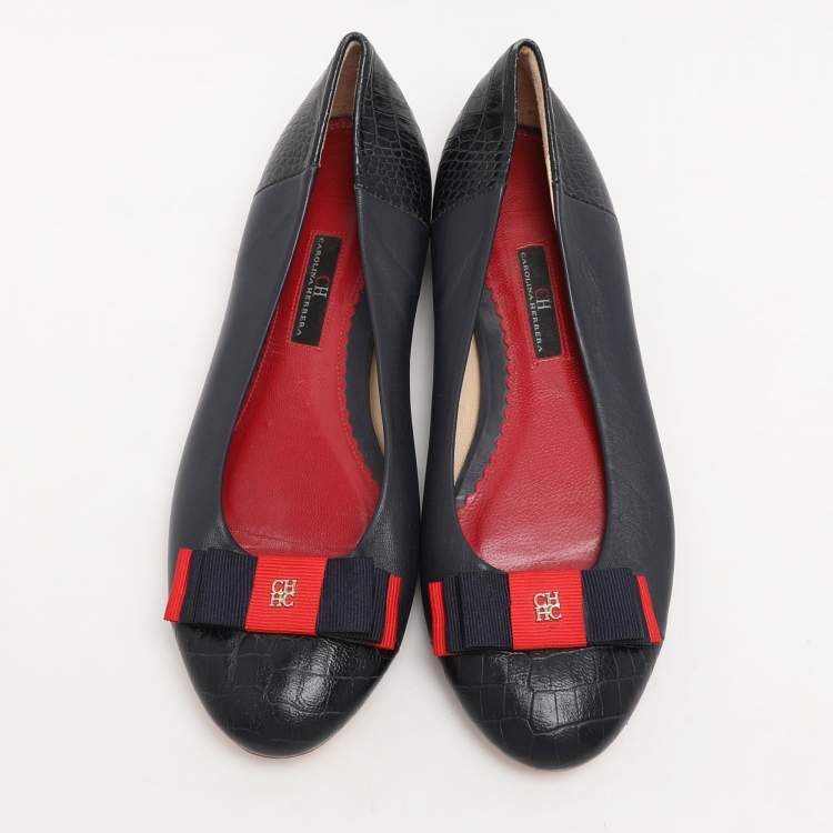 Pre Owned CH Carolina Herrera Navy Blue Croc Embossed and Leather Ballet Flats Size 39