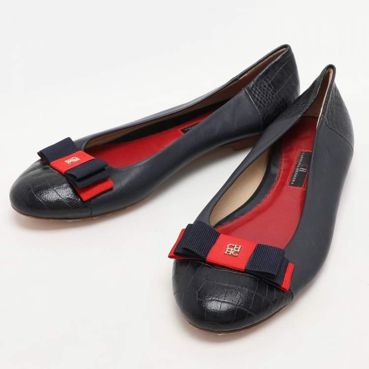 Pre Owned CH Carolina Herrera Navy Blue Croc Embossed and Leather Ballet Flats Size 39