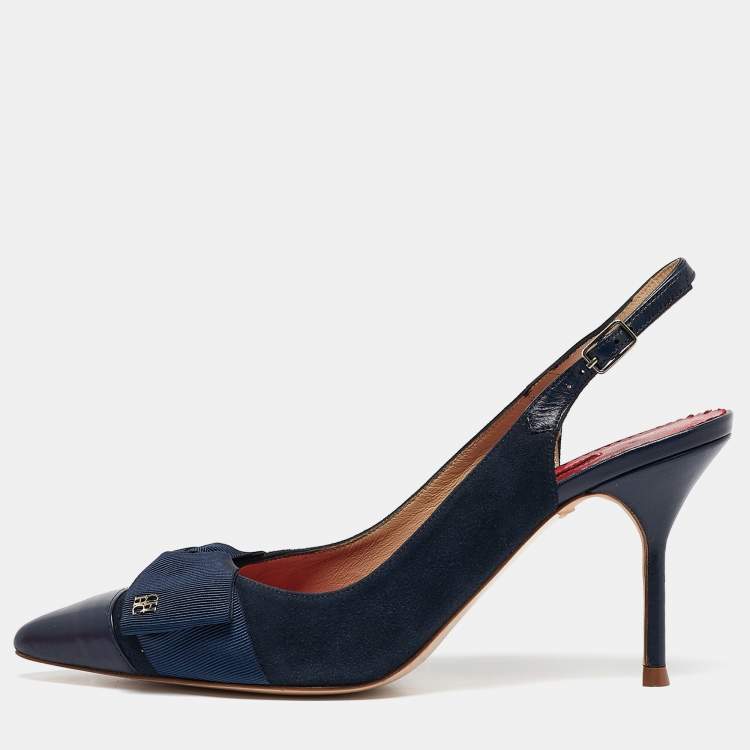 Pre Owned CH Carolina Herrera Navy Blue Leather Bow Detail Pointed Toe Slingback Pumps Size 38
