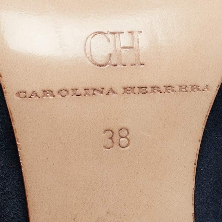 Pre Owned CH Carolina Herrera Navy Blue Leather Bow Detail Pointed Toe Slingback Pumps Size 38