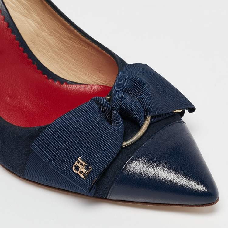 Pre Owned CH Carolina Herrera Navy Blue Leather Bow Detail Pointed Toe Slingback Pumps Size 38