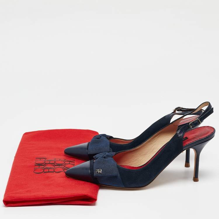 Pre Owned CH Carolina Herrera Navy Blue Leather Bow Detail Pointed Toe Slingback Pumps Size 38