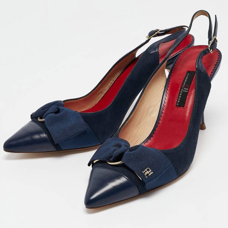 Pre Owned CH Carolina Herrera Navy Blue Leather Bow Detail Pointed Toe Slingback Pumps Size 38