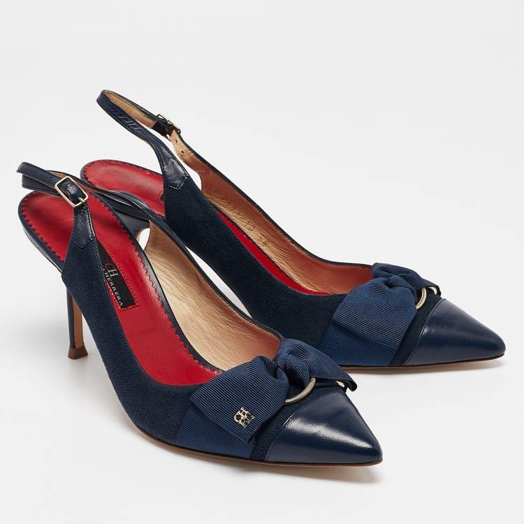 Pre Owned CH Carolina Herrera Navy Blue Leather Bow Detail Pointed Toe Slingback Pumps Size 38