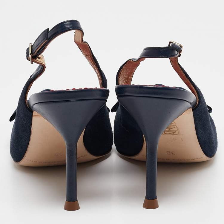 Pre Owned CH Carolina Herrera Navy Blue Leather Bow Detail Pointed Toe Slingback Pumps Size 38