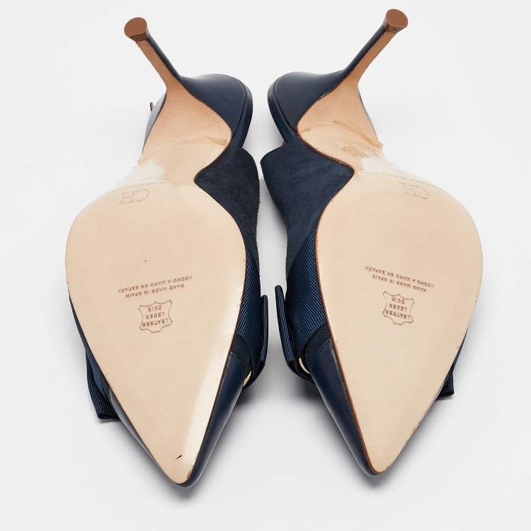 Pre Owned CH Carolina Herrera Navy Blue Leather Bow Detail Pointed Toe Slingback Pumps Size 38