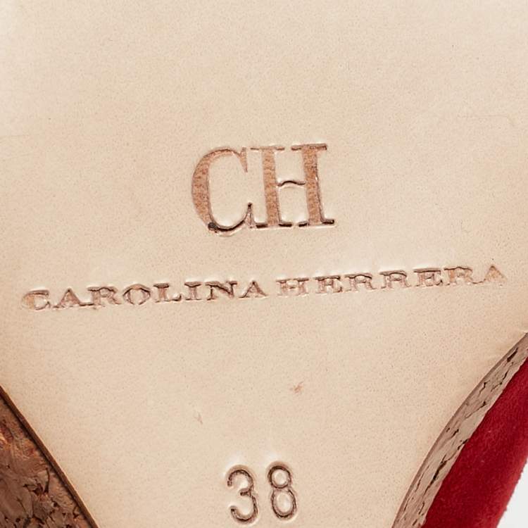 Pre Owned CH Carolina Herrera Red Suede Bow Cork Wedge Slingback Sandals Size 38