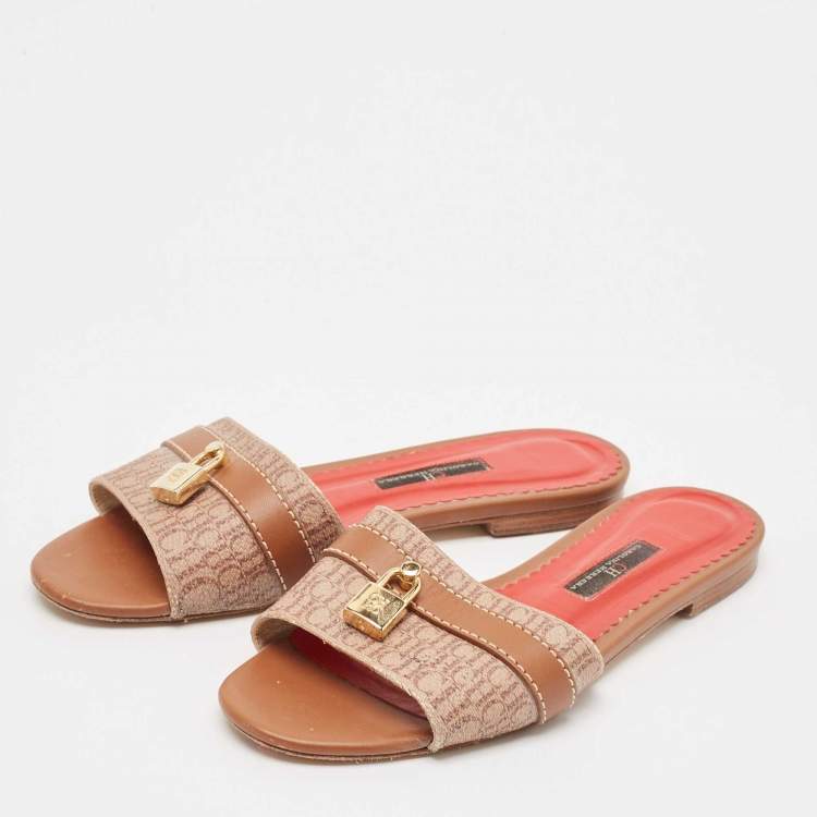 Pre Owned CH Carolina Herrera Brown Signature Canvas and Leather Lock Flat Slides Size 38