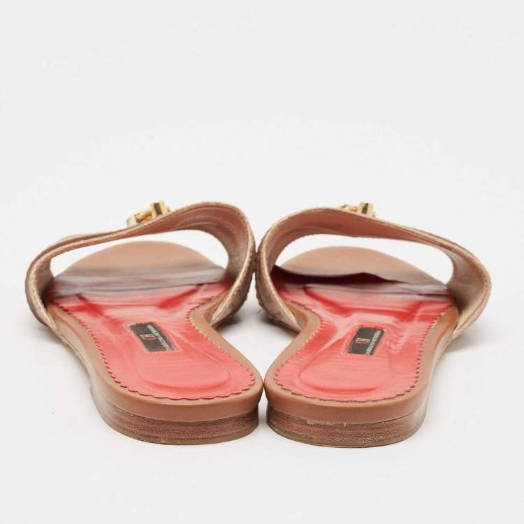 Pre Owned CH Carolina Herrera Brown Signature Canvas and Leather Lock Flat Slides Size 38
