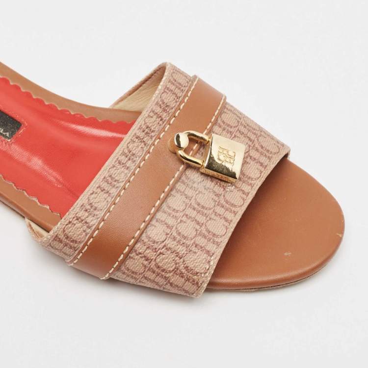 Pre Owned CH Carolina Herrera Brown Signature Canvas and Leather Lock Flat Slides Size 38