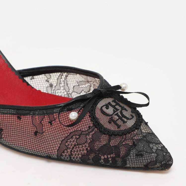 Pre Owned CH Carolina Herrera Black Lace Pear Bow D'orsay Pointed Toe Pumps Size 38