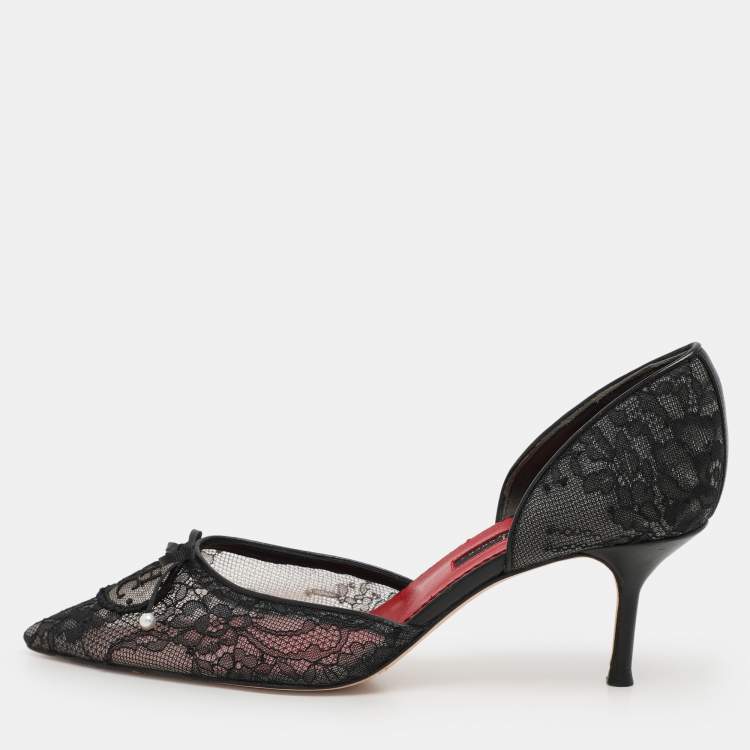 Pre Owned CH Carolina Herrera Black Lace Pear Bow D'orsay Pointed Toe Pumps Size 38